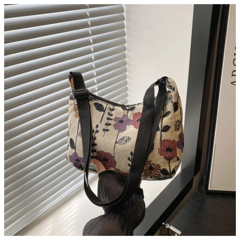 Fashion Vintage Winter New Women Lady Bag Versatile Literary Prints Cloth Crescent Pack Texture Temperament Crossbody Shoulder - Image 9