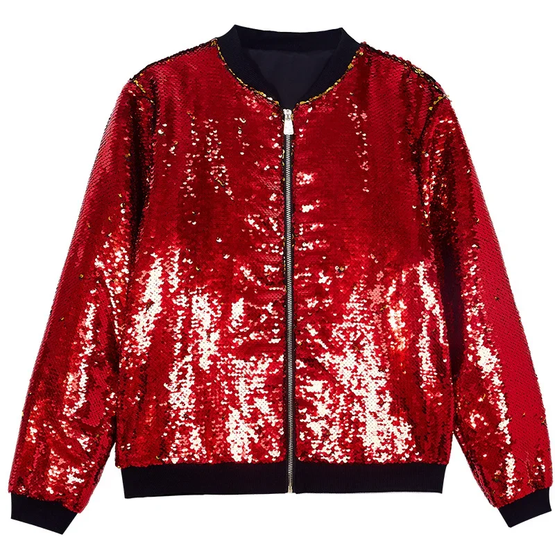 2025 New Europe and USA Party Flip Color Sequined Jackets for Women, Fashion Casual Shiny Loose Concert Hooded Baseball Jackets - Image 15