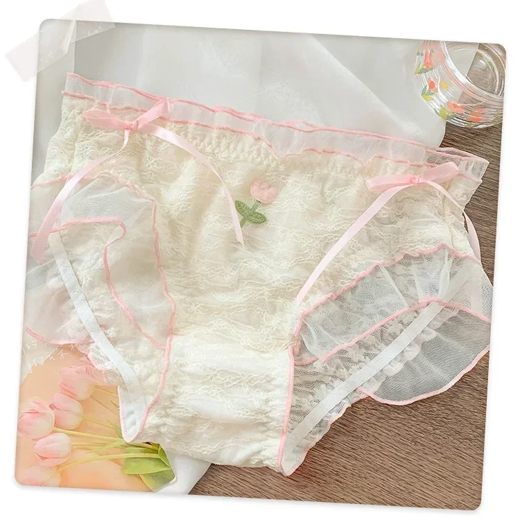 Japanese Sweet Mesh Lace Lace Bow 2024 New Sexy Mid Waist Comfortable and Breathable Fashion Triangle Short Pants WOMEN Panties - Image 7