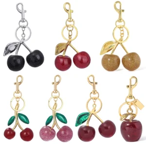 Delicious Exquisite Cherry Crystal Fruit Bag Charm Keychain Pink Cherry Keyring for Elegant Women Jewelry Accessories Gift