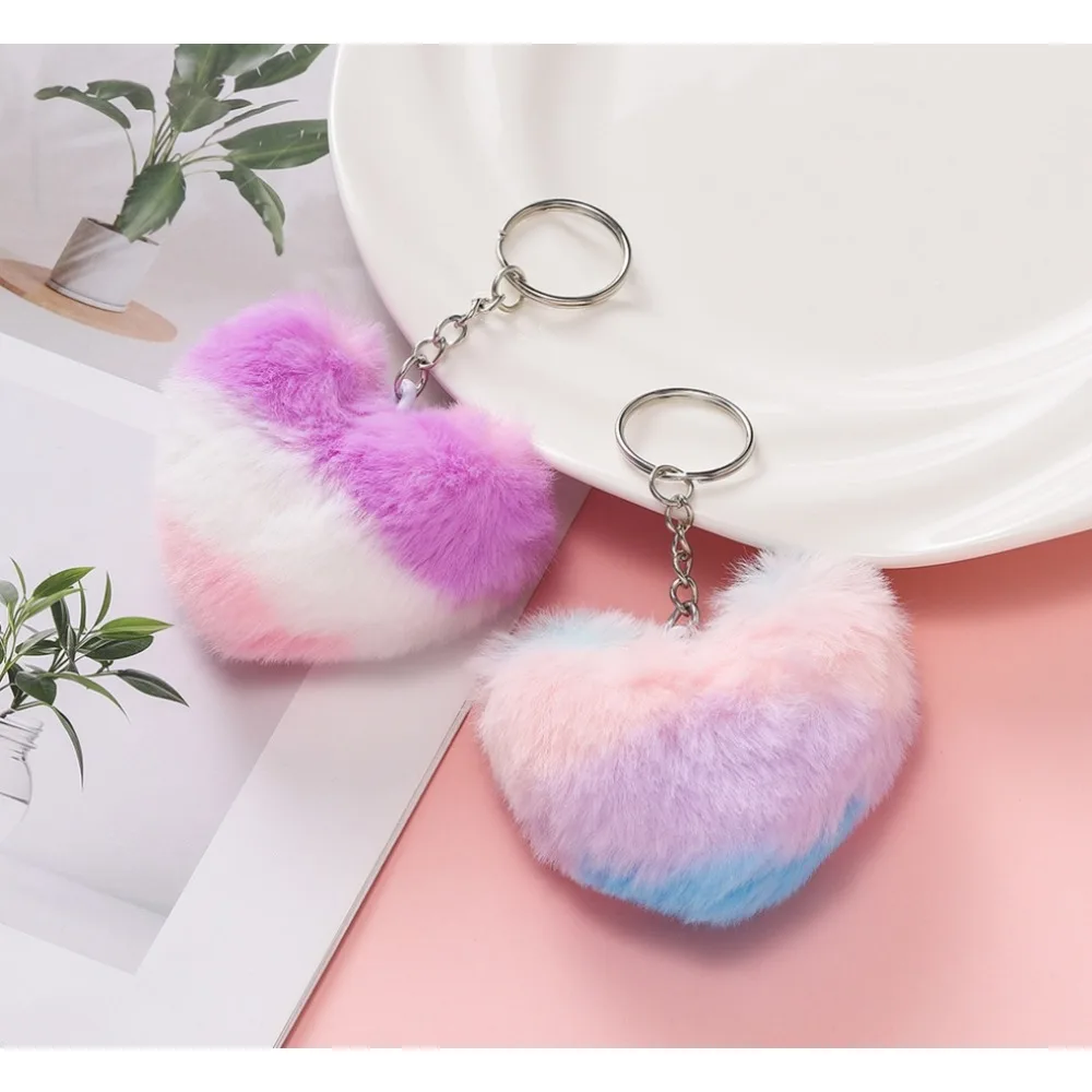 Creative for Woman Small Accessory Keyring Plush Rainbow Color Love Heart Keychain Cute Backpack Hangings Key Chain Ring Gift - Image 6