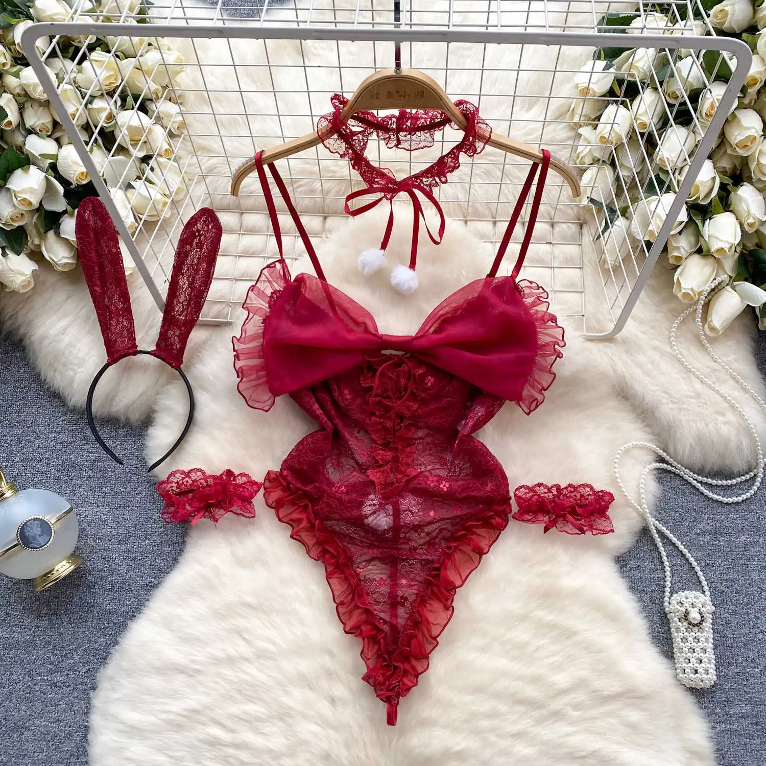 Women' Sexy Lace Camisole Slim Solid Color Sleeveless Bodysuit Erotic Lingerie V-Neck Ultra-Thin Pajamas Hollow Sheer Playsuit - Image 7