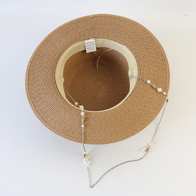 New Women Summer Hats Straw Sun Hat Panama Elegant Straw Fedoras Lady Girl Outdoor Vacation with Pearl Chain Sunshade Beach Hat - Image 6