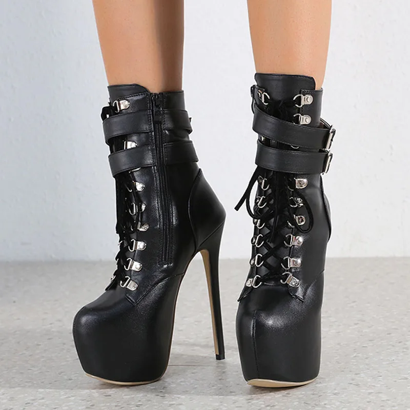 Liyke Sexy Buckle Strap 16.5 CM Extreme High Heels Platform Boots For Women Round Toe Cross Lace Up Party Club Stripper Shoes - Image 3