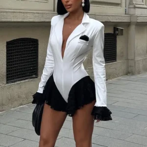 Tossy Lace Fashion Suit Jumpsuit Female Blazer Body Top V-Neck Slim Long Sleeve Sexy Cardigan Streetwear Women Black Rompers New