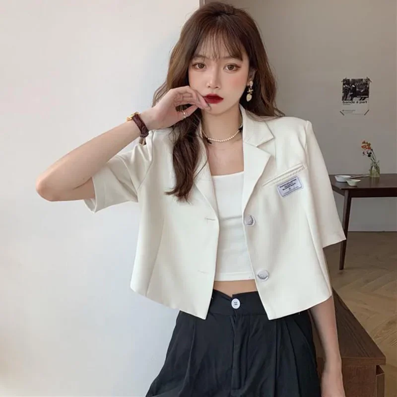 Short Sleeve Blazer Jacket Ladies Summer 2025 New Thin Notched Collar Suit Coat Women Casual Wild Black White Short Outwear Tops - Image 7