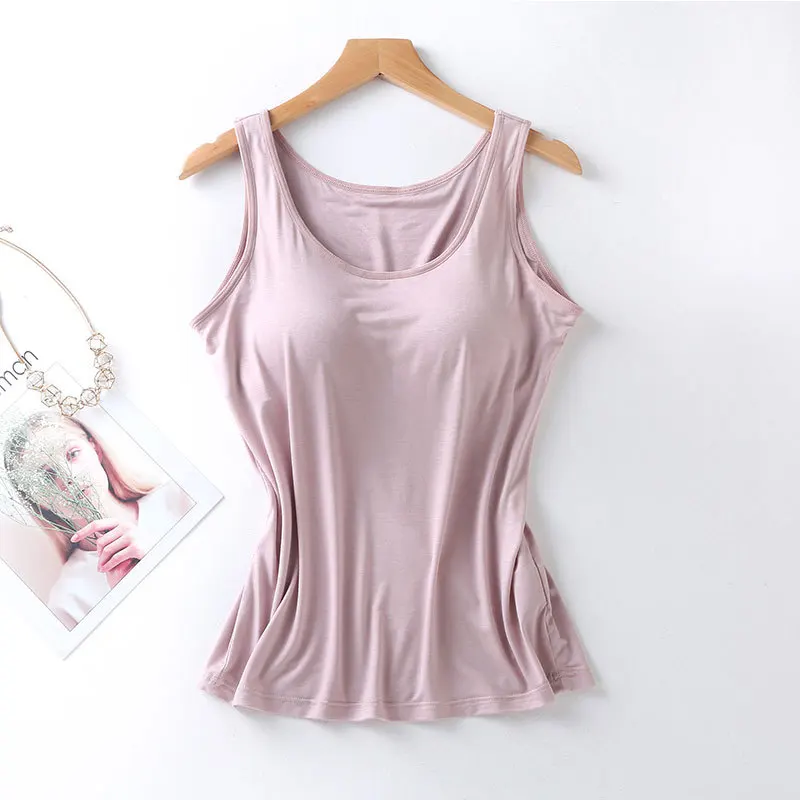 2023 Women's Vest Tops with Built In Bra Neck Vest Solid Color Padded Slim Fit Tank Tops Sexy Shirts Feminino Casual Tank Tops - Image 4