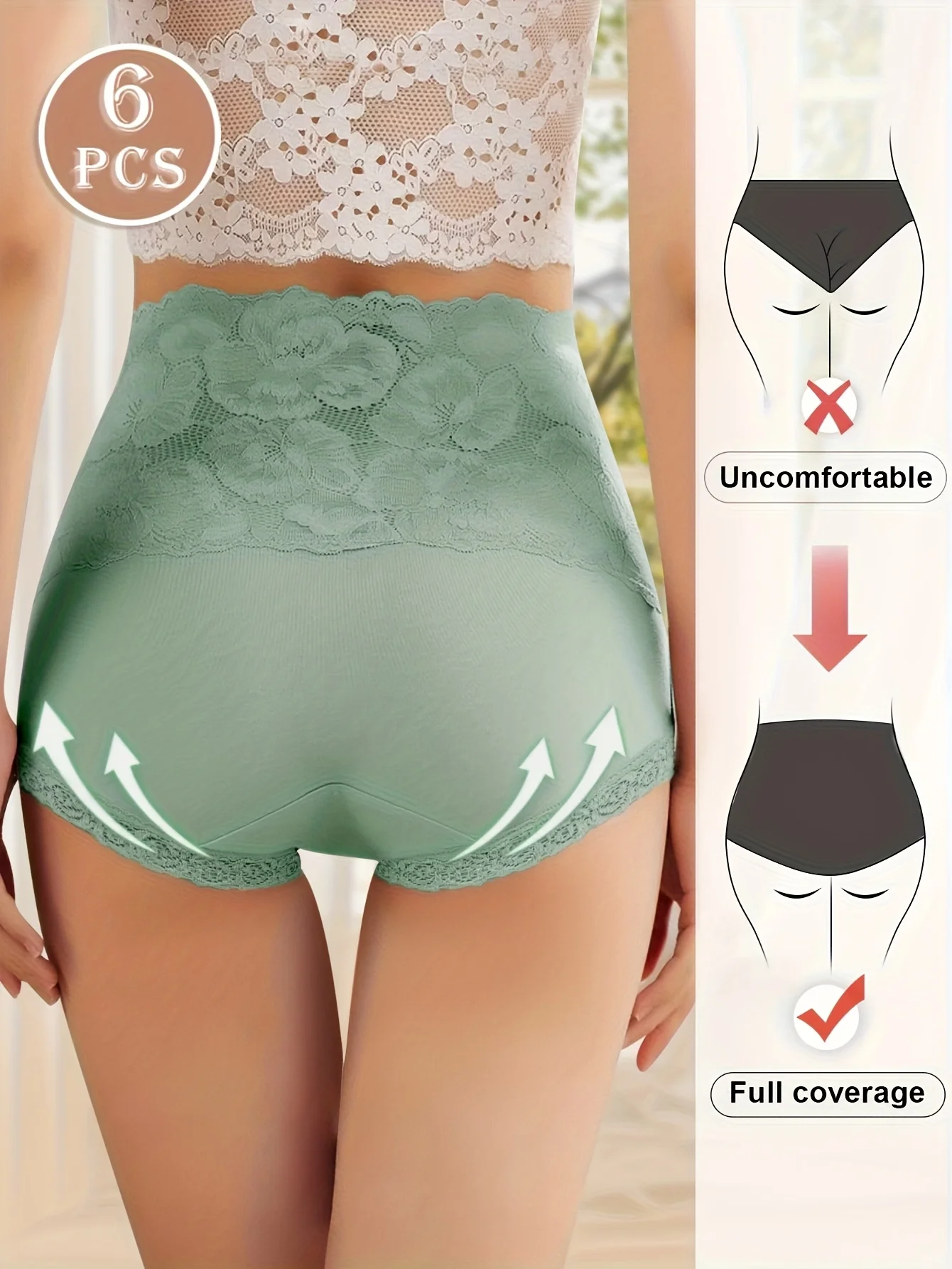 6pcs High-Waisted Tummy Control Plus-Size Women's Panties, Floral Print Comfort Fit Butt Lift Lace Trim - Image 3