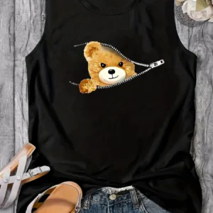 Women's Summer Bear cartoon Print Large Casual Round Neck Sleeveless Loose Tank Top T-shirt Tank Top T-shirt