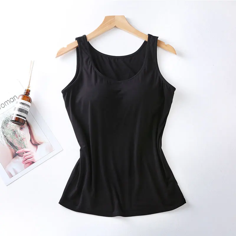 2023 Women's Vest Tops with Built In Bra Neck Vest Solid Color Padded Slim Fit Tank Tops Sexy Shirts Feminino Casual Tank Tops - Image 2
