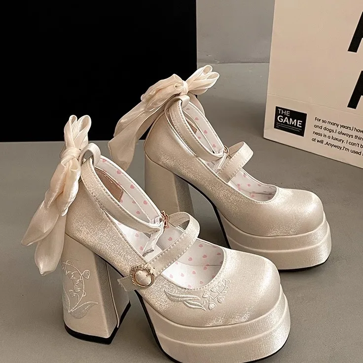 Women High Heel Shoes Lolita Pumps Fashion 2025 Spring Autumn Ladies Outdoor Retro Bow Mary Jane French Elegant 6-8cm High Heels - Image 8