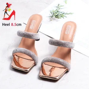 Summer Women Shoes Shiny Rhinestone High Heels 8.5CM Slides Luxury Sandals Lady European and American Style Large Size Slippers