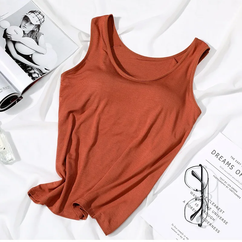 2023 Women's Vest Tops with Built In Bra Neck Vest Solid Color Padded Slim Fit Tank Tops Sexy Shirts Feminino Casual Tank Tops - Image 14
