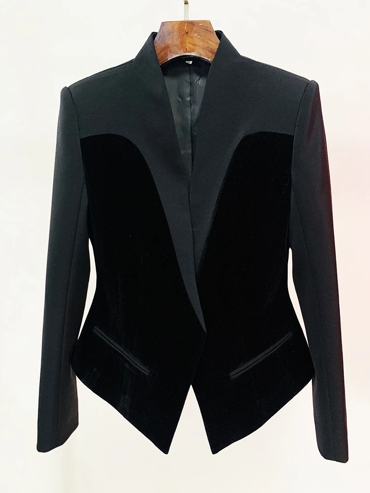 HIGH STREET Newest 2024 Designer Jacket Women's Slim Fitting Patchwork Velvet Blazer - Image 7