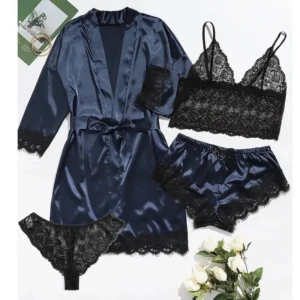 Women's Fashion Pajama Print Sexy Lace Trim Faux Silk Satin Pajama Set Gown Skin Friendly Comfort Loungewear Sexy Pajamas