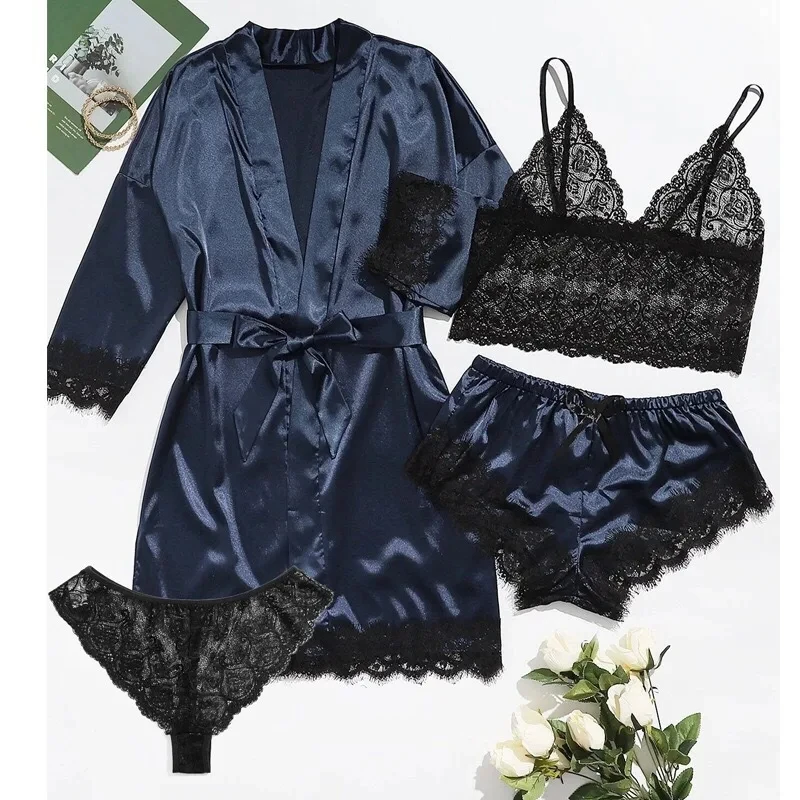 Women's Fashion Pajama Print Sexy Lace Trim Faux Silk Satin Pajama Set Gown Skin Friendly Comfort Loungewear Sexy Pajamas