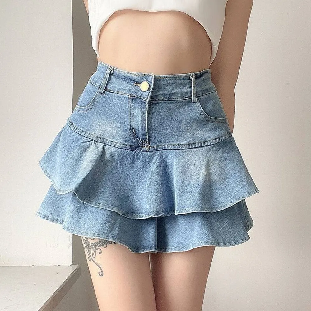 Vintage Denim Skirt Shorts Women Summer Korean Fashion High Waist A-line Wash Blue Slim Cute Sexy Mini Jeans Ruffle Skirt Female - Image 3