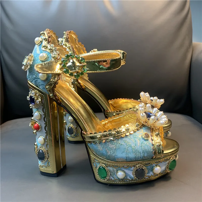 Women Chunky High Heels Shoes Platform Sandals For Women Rhinestone Metallic Gold Leather Shoes Woman Peep Toe Wedding Shoes - Image 5