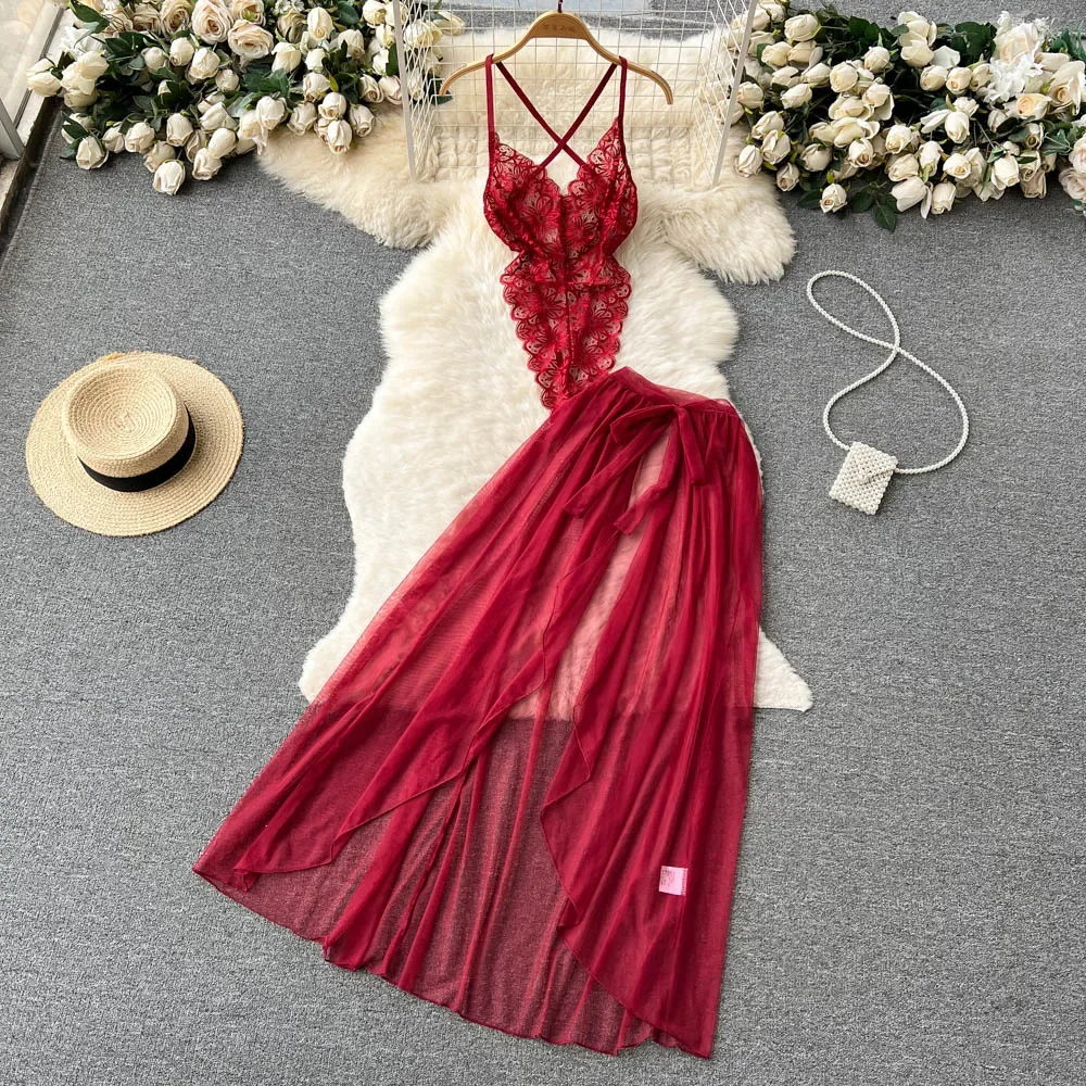 Women' Sexy Lace Camisole Slim Solid Color Sleeveless Bodysuit Erotic Lingerie V-Neck Ultra-Thin Pajamas Hollow Sheer Playsuit - Image 40
