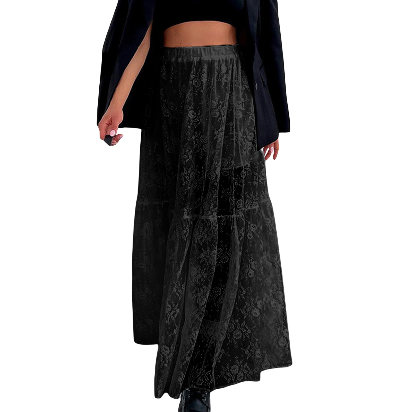 Women See-Through Lace A-Line Skirts Casual Summer Solid Color Elastic Waist Long Skirt for Beach Vacation Club - Image 8