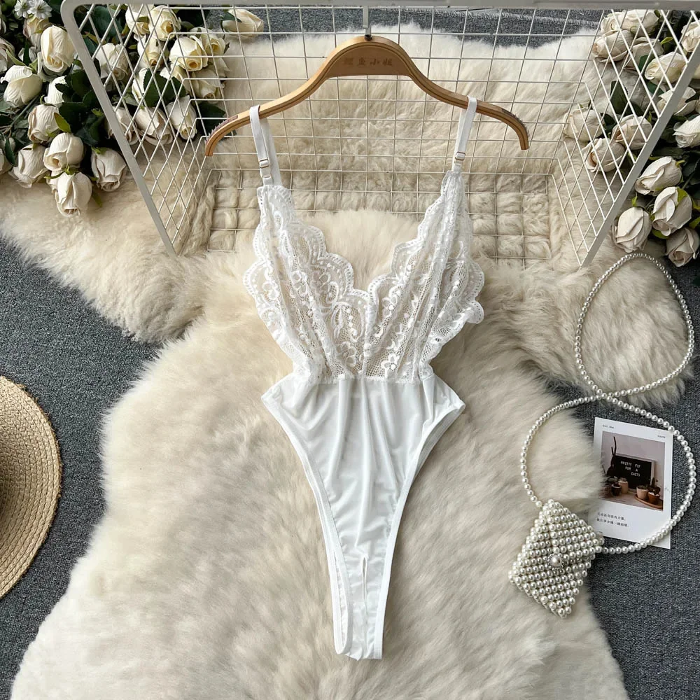 Women' Sexy Lace Camisole Slim Solid Color Sleeveless Bodysuit Erotic Lingerie V-Neck Ultra-Thin Pajamas Hollow Sheer Playsuit - Image 47