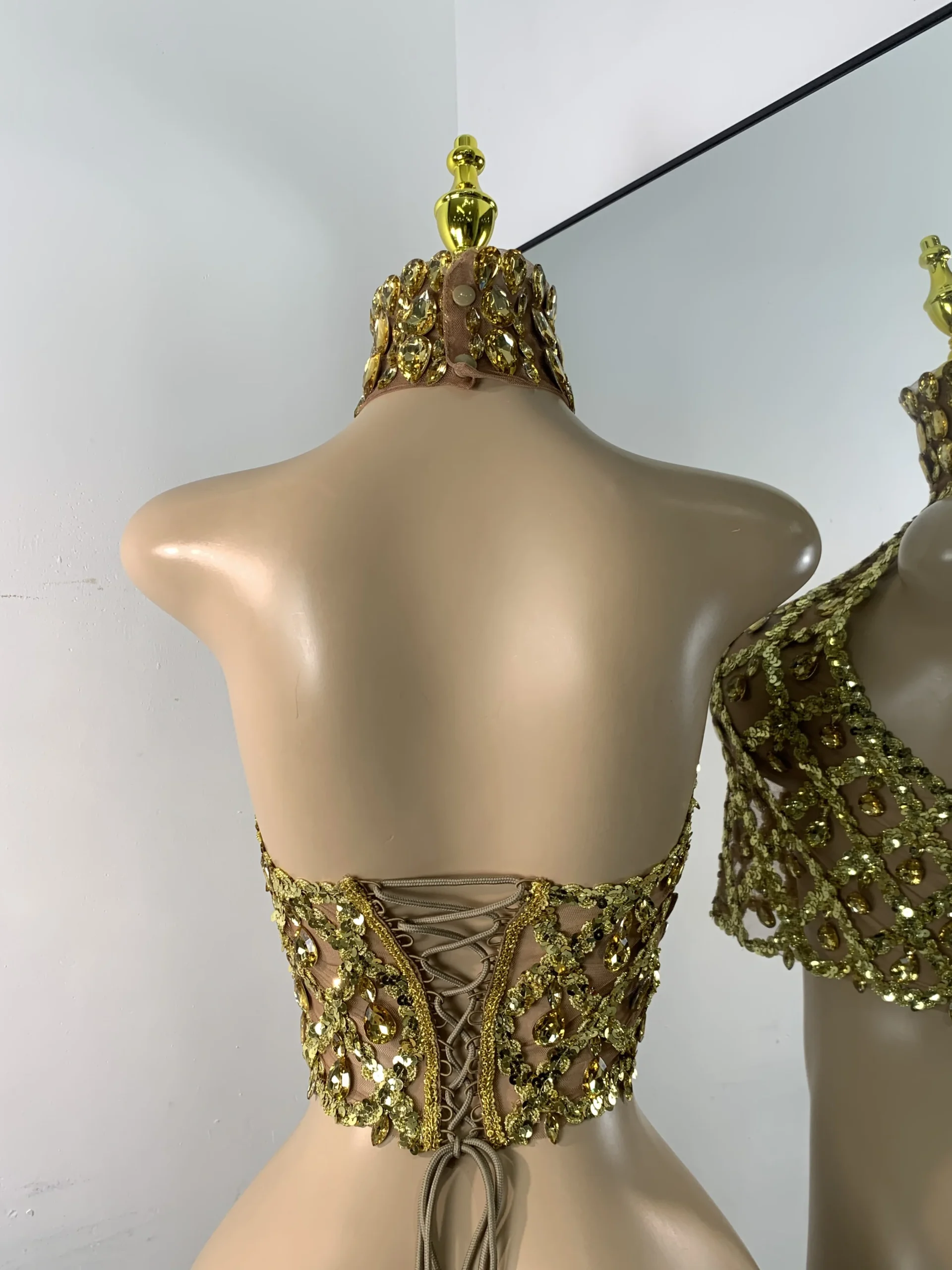 Women Sexy High Neck Backless Designer Summer Tops Sparkly Diamonds Gold Nightclub See Through Camis Party Crop Top - Image 4