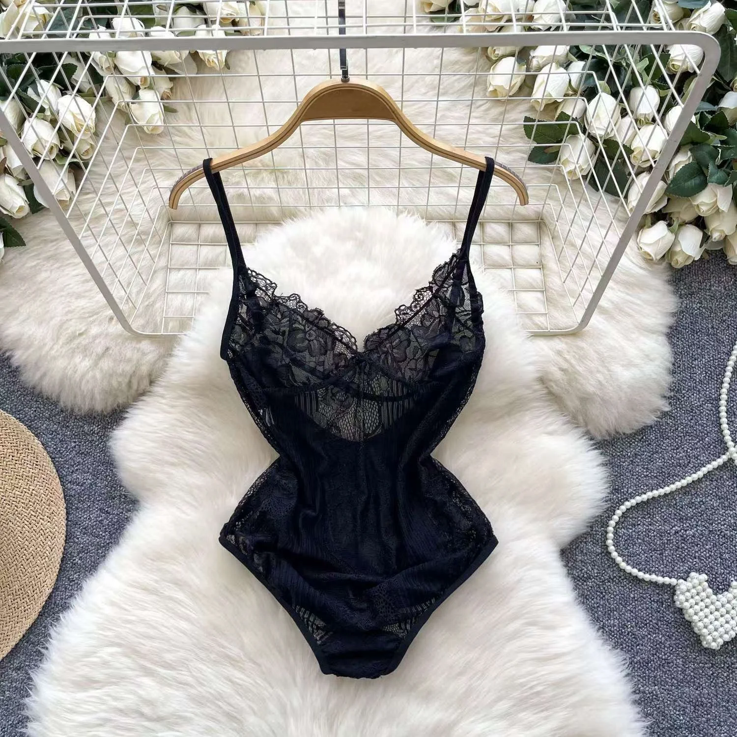 Women' Sexy Lace Camisole Slim Solid Color Sleeveless Bodysuit Erotic Lingerie V-Neck Ultra-Thin Pajamas Hollow Sheer Playsuit