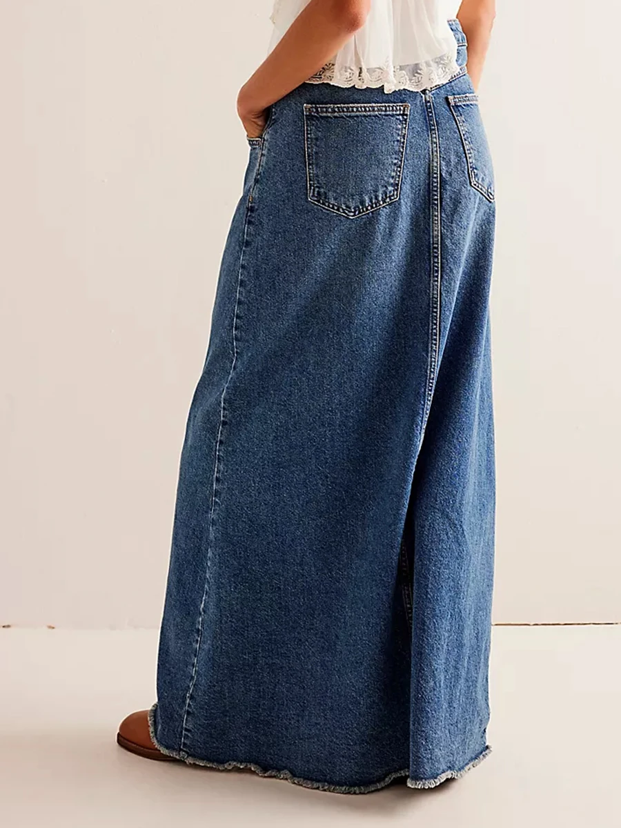 Women Y2K Vintage Denim Maxi Skirt High Waist A-Line Frayed Hem Loose Long Jean Skirt OOTD Streetwear - Image 5