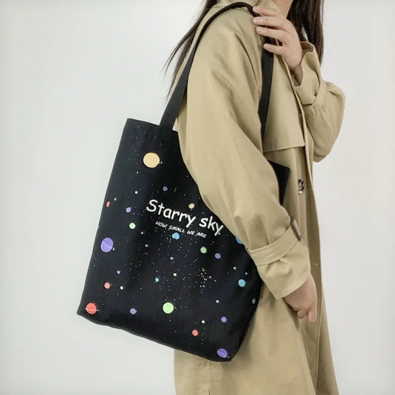 Fashionable Letters Canvas Tote Bag, Female Stylish Handbag Shoulder Bag with Zipper Opening Large Capacity Student School Bags - Image 2