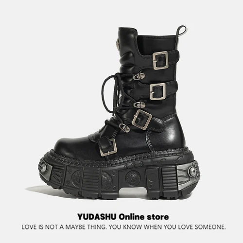 Metal Platform Middle Tube 2023 New Dark Punk Increased Lace-up Female Zipper Girl Motorcycle Boots Women - Image 7