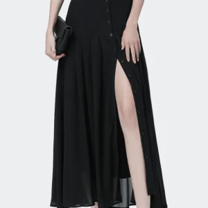Elegant Mid-length Skirt All-match High-waist Sexy Button Slit Mesh Long Gauze Skirts for Women Summer Pleated Skirts Black