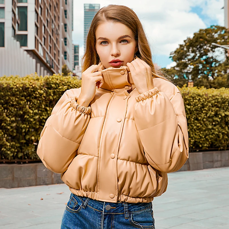 Winter Thick Warm Cropped Puffer Jacket Women Black PU Leather Parkas Elegant Zipper Coat Cotton Padded Punk Outwear 2023 - Image 5