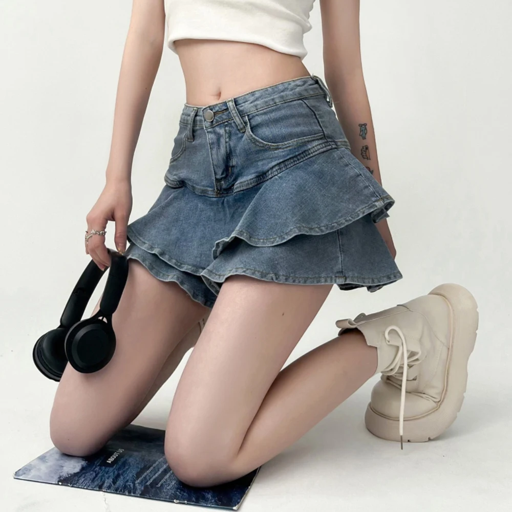 Vintage Denim Skirt Shorts Women Summer Korean Fashion High Waist A-line Wash Blue Slim Cute Sexy Mini Jeans Ruffle Skirt Female - Image 7