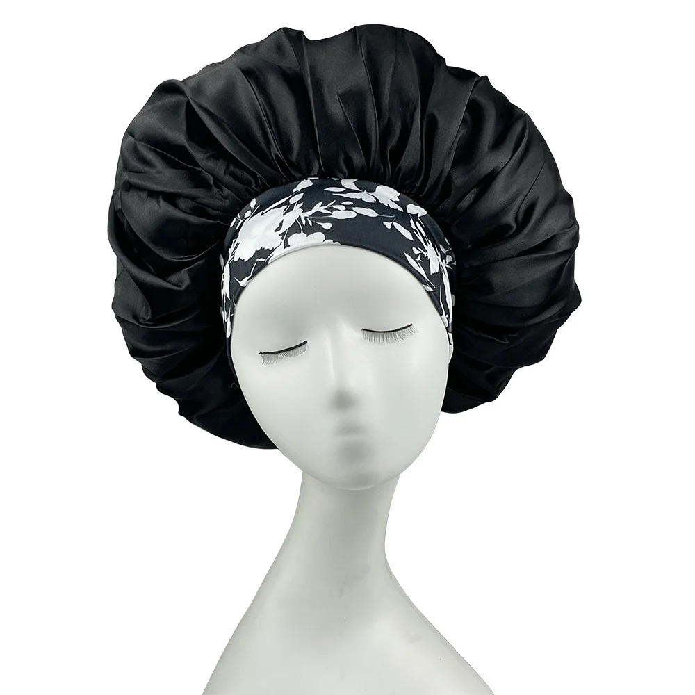 Women Satin Bonnet Floral Print Spandex Wide Stretchy Band Bonnet Satin Cheveux Nuit Silk Sleeping Night Cap Bonnets for Women