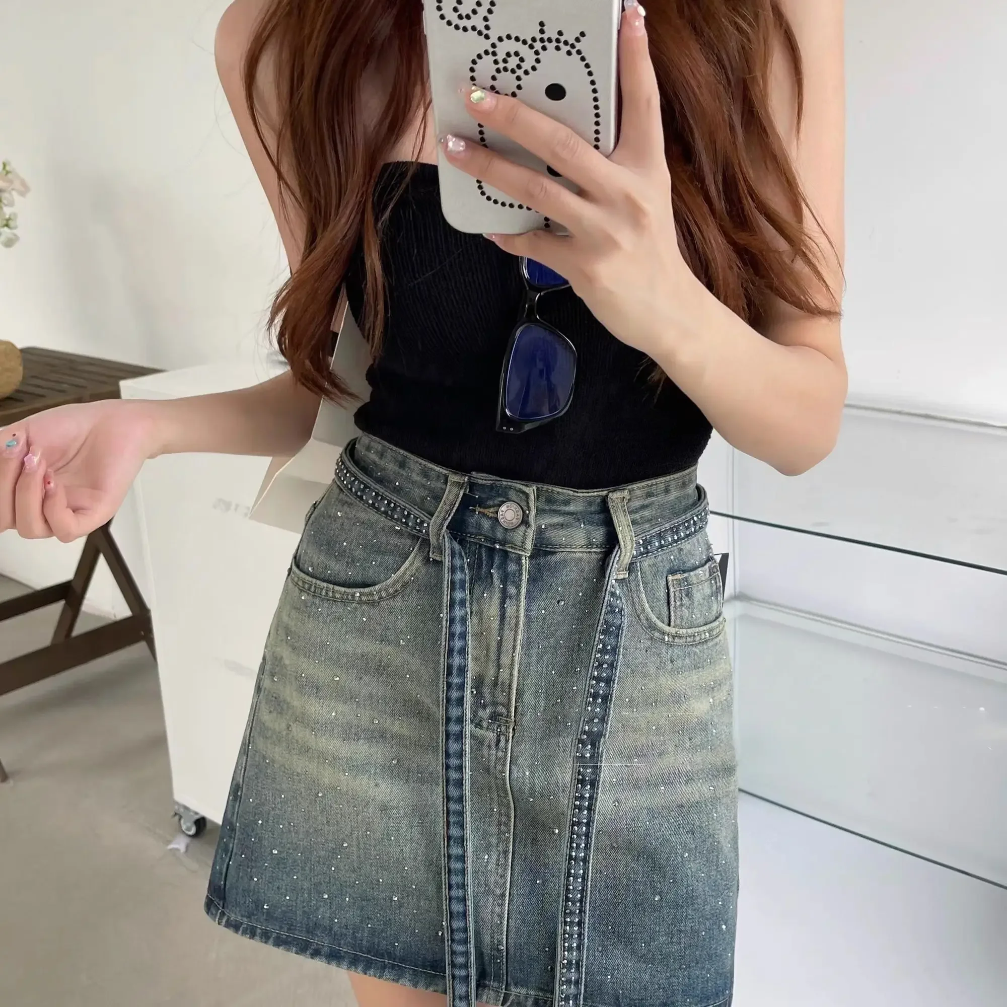 Female Jeans Skirts Sequin Gyaru Mini Y2k Vintage Summer 2025 Aesthetic Cheap Clothing Trend Casual Women's Denim Skirt Short - Image 5