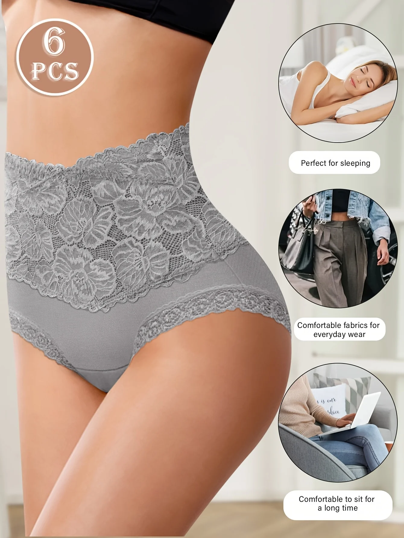 6pcs High-Waisted Tummy Control Plus-Size Women's Panties, Floral Print Comfort Fit Butt Lift Lace Trim - Image 2