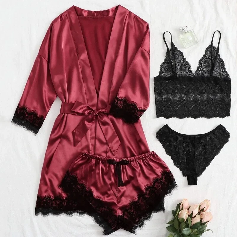 Women's Fashion Pajama Print Sexy Lace Trim Faux Silk Satin Pajama Set Gown Skin Friendly Comfort Loungewear Sexy Pajamas - Image 3