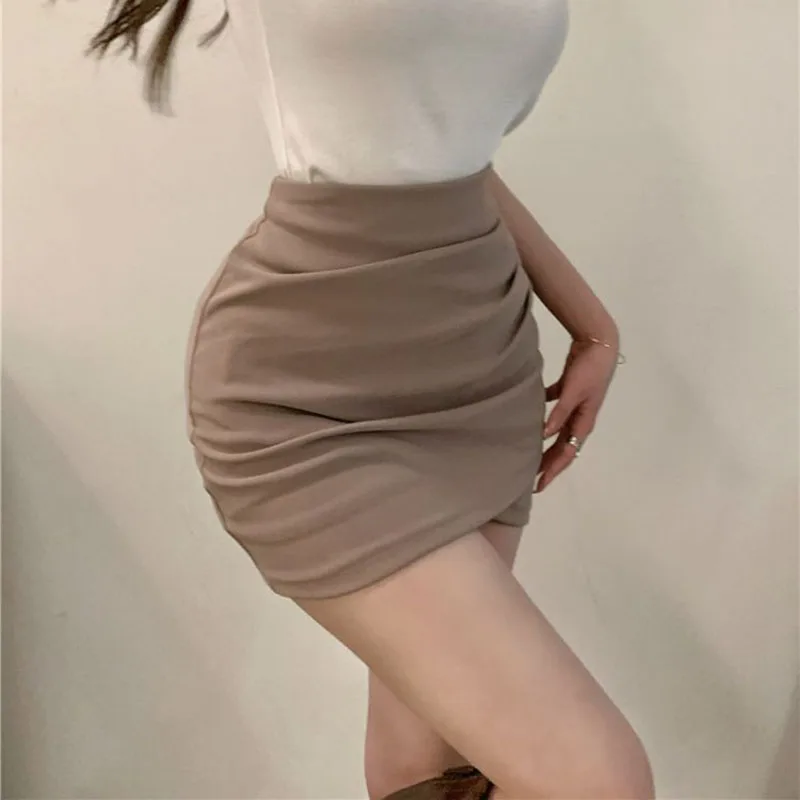 Lucyever Korean Fashion Mini Skirt Women Solid High Waist Irregular Folds Hip Wrap Pencil Skirt Ladies Sexy Slim Short Skirts - Image 2