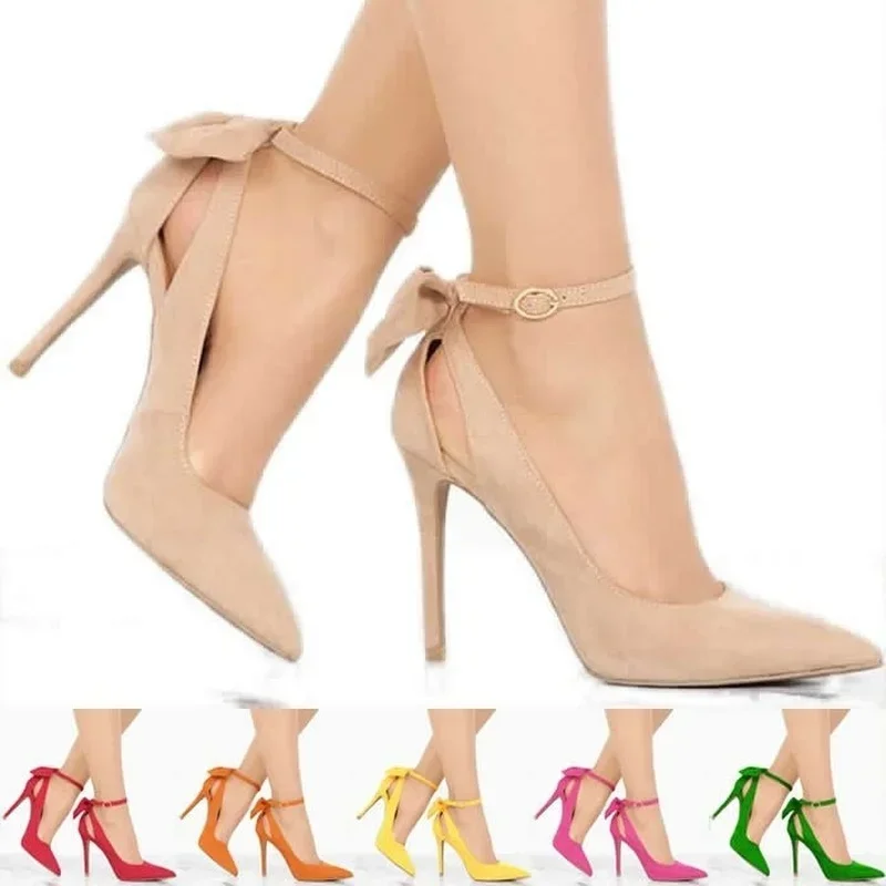 Women's High Heels Bow Tie Back Sexy Stiletto Pumps Pointed Toe Bowknot 11cm Sexy Ankle Strap High Heeled Female Wedding Shoes - Image 6