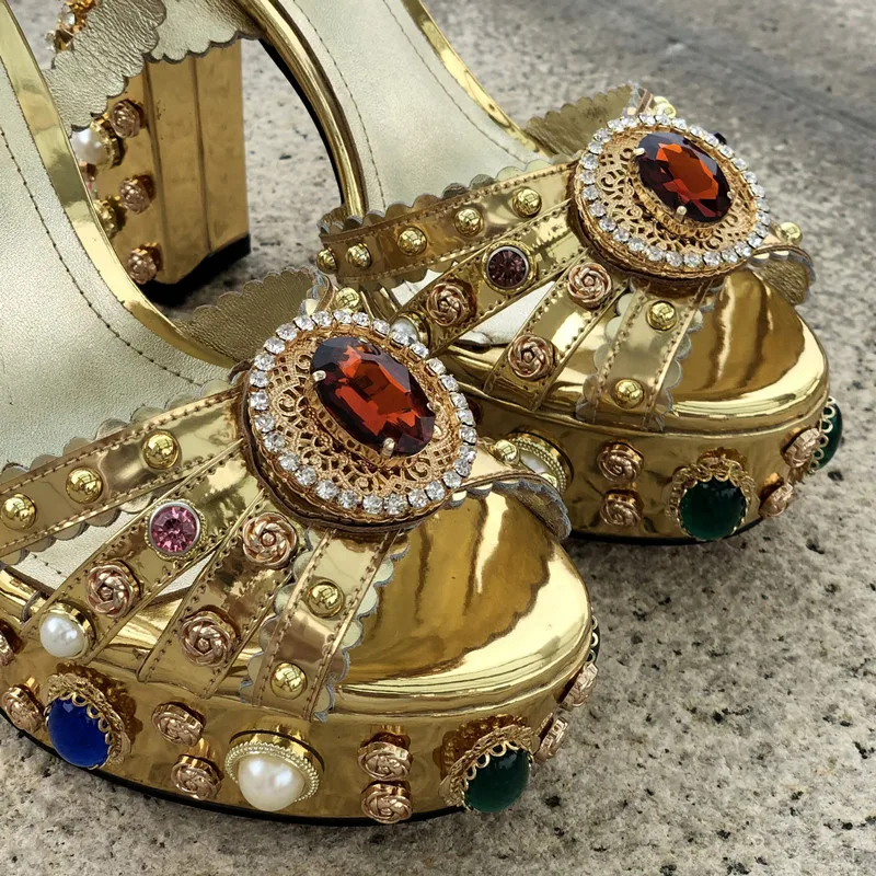 Women Chunky High Heels Shoes Platform Sandals For Women Rhinestone Metallic Gold Leather Shoes Woman Peep Toe Wedding Shoes - Image 3