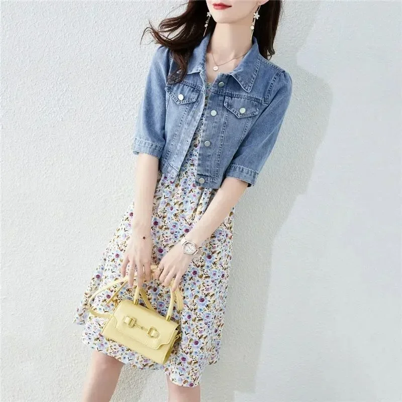 Vintage Crops Trendy Turn Down Collar Jackets Women Basic Solid Outwear Half Sleeve Denim Fit Harajuku Street Denim Jacket Women - Image 5