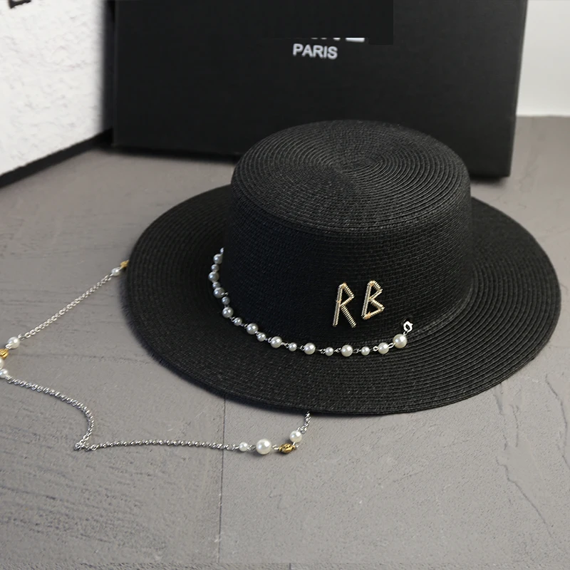 New Women Summer Hats Straw Sun Hat Panama Elegant Straw Fedoras Lady Girl Outdoor Vacation with Pearl Chain Sunshade Beach Hat - Image 2
