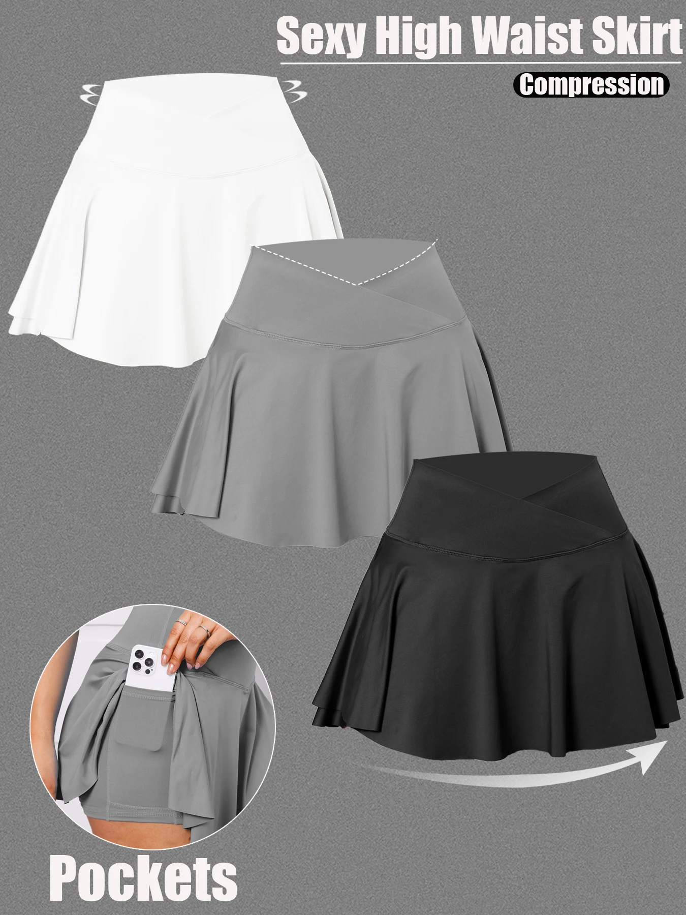 3Pack Dopamine Pockets Tennis Skirts for Women Fitness Skinny Pleated Skirt Outdoors Corset Pockets Shorts High V Waist - Image 4