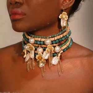 Statement Vintage Beads&Flower Chocker Necklace&Earrings  Starfish&Shells Design Women Trendy Wedding Party Jewelry