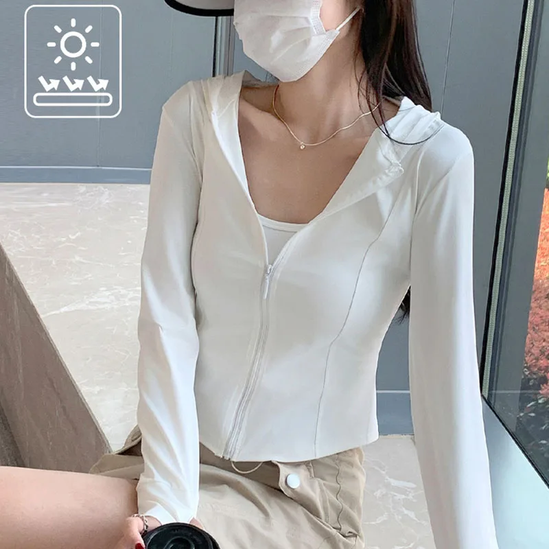 Summer Cool Ice Silk Sun Protection Clothing Women Outdoor Sports Hoodies Uv Protective Coat Female slim Breathable Crop Tops - Image 2