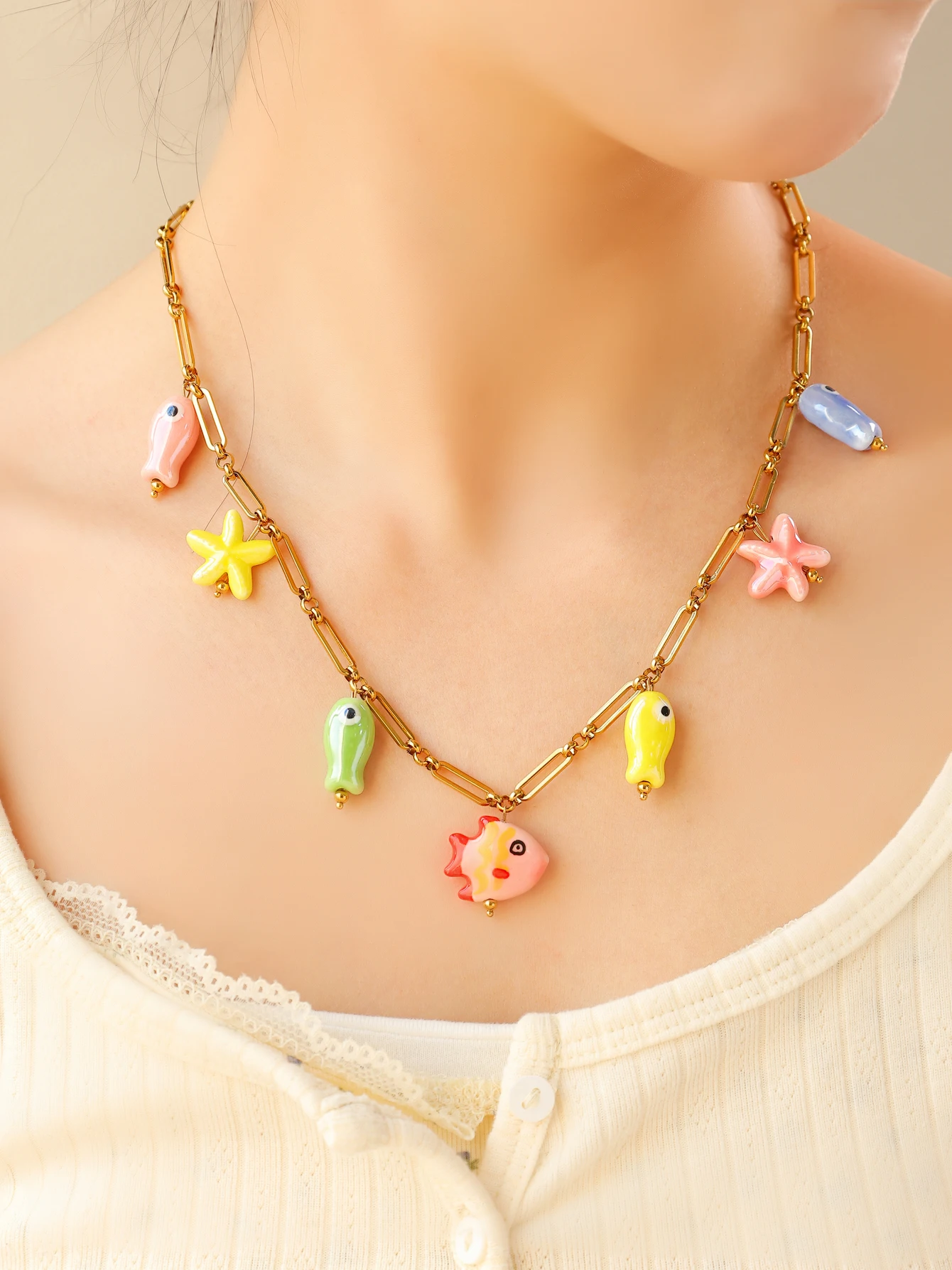 Fashion Stainless Steel Ceramic Starfish Fish Necklace for Women Girls Summer Beach Party Waterproof Popular Cute Jewelry - Image 4