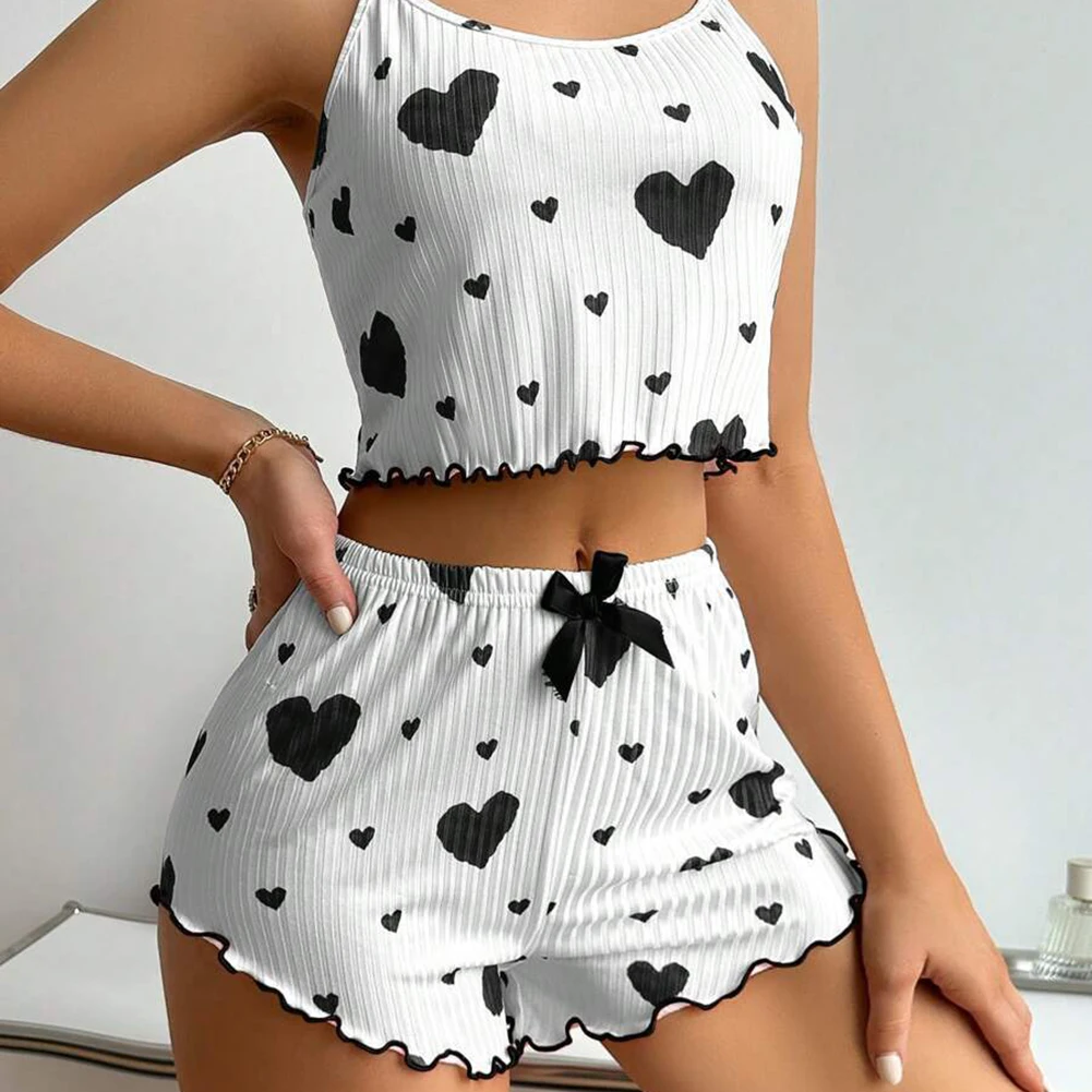 Women's Pajamas Set Summer 2PCS Sling Vest with Shorts 2026 Newly Love Heart Print Spaghetti Strap Camisole Sleepwear for Girls - Image 3