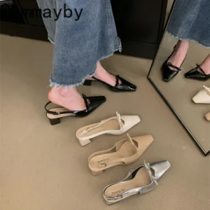 2025 Summer High Heel Women Sandals Fashion Square Toe Singbacks Pumps Stripper Party Female Sandalias