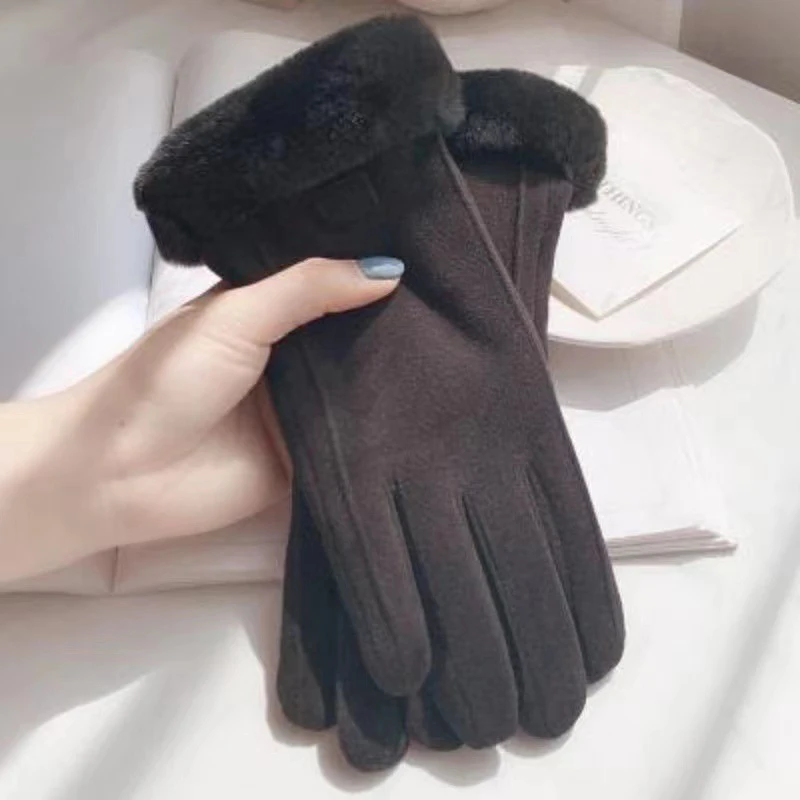 Winter Female Cashmere Warm Suede Leather Cycling Mittens Double Thick Velvet Plush Wrist Women Touch Screen Driving Gloves - Image 10