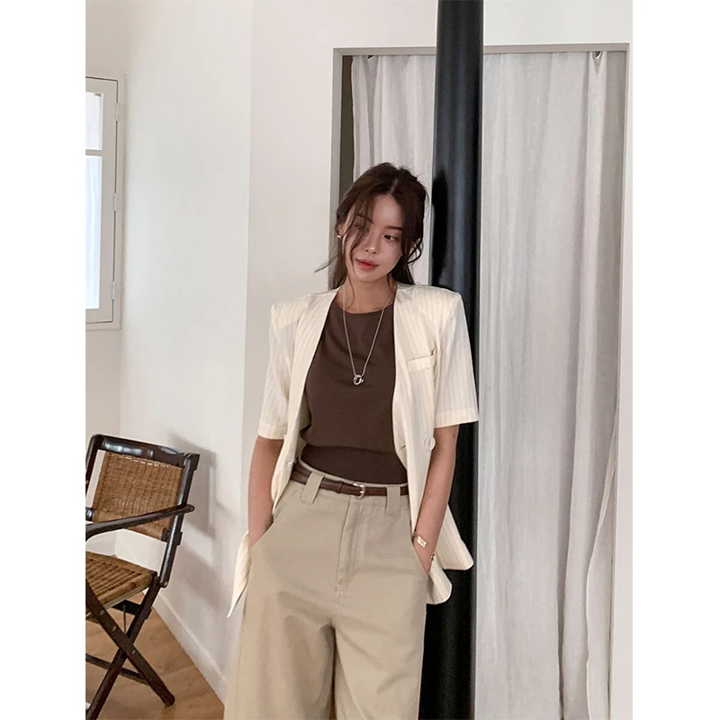 Elegant Striped Blazer Women Fashion Black Lace Up Suit Jackets Korean V Neck Outerwears Summer Office Ladies Short Sleeve Coats - Image 3
